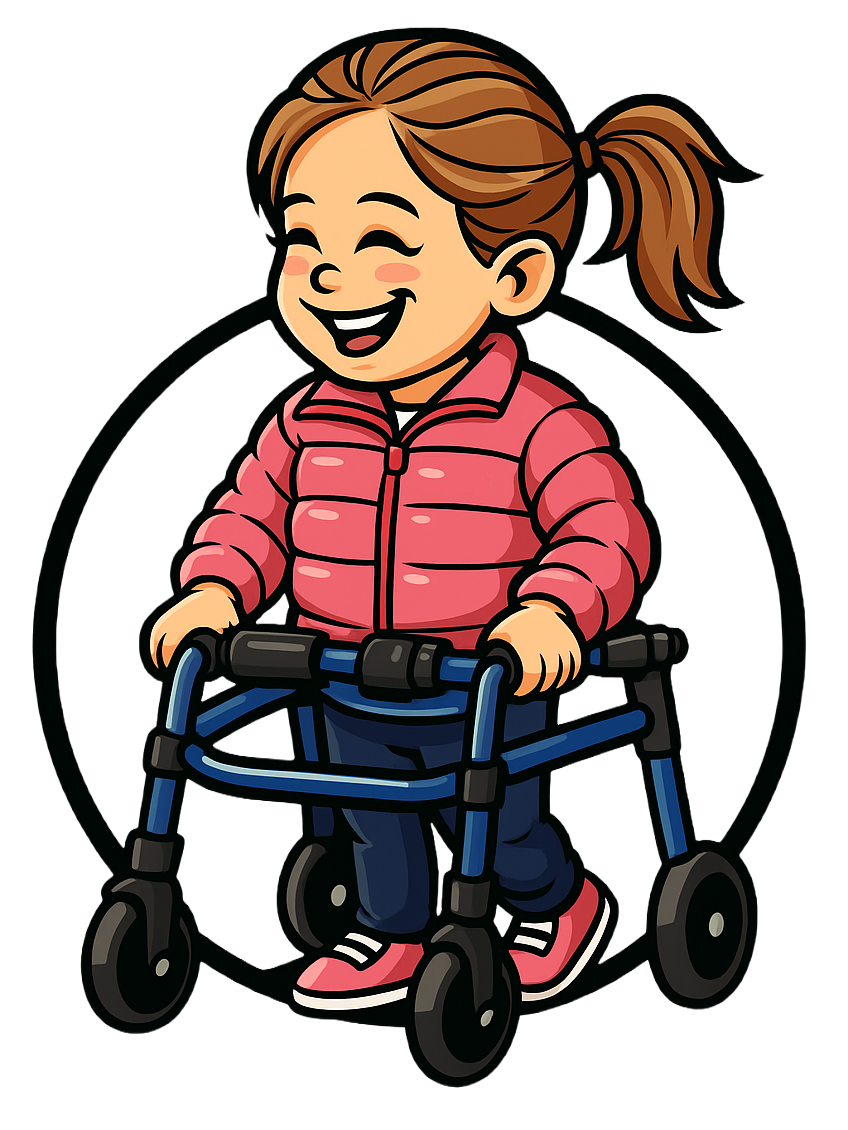 A joyful child using a walker, representing the communities MAEday Foundation supports